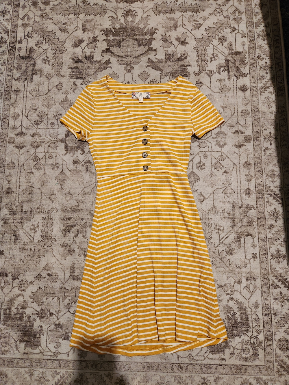 Pink Rose Yellow & White Striped Short Sleeve Mini Dress